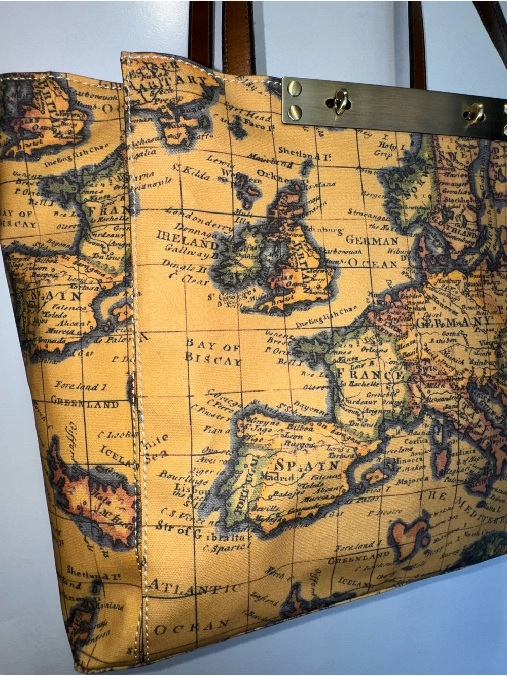 Patricia Nash Map-Print Tote in Tan and Brown with Gold Accent